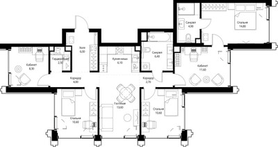Планировка 4+ комнатной(квартира) площадью 102.9 квадратных метров в ЖК “ЖК СЕТ”