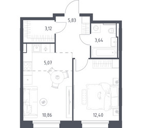 Планировка однокомнатной(квартира) площадью 40.92 квадратных метров в ЖК “ЖК Заречье Парк”