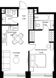 Планировка однокомнатной(квартира) площадью 45.77 квадратных метров в ЖК “ЖК Сити Бэй”