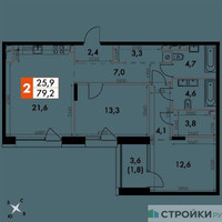 Планировка двухкомнатной(квартира) площадью 79.2 квадратных метров в “ЖК The LAKE (Лэйк)”