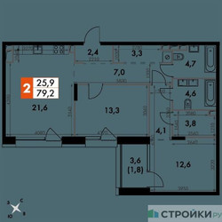 Планировка двухкомнатной(квартира) площадью 79.2 квадратных метров в ЖК “ЖК The LAKE (Лэйк)”