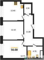 Планировка двухкомнатной(квартира) площадью 56 квадратных метров в “ЖК Переделкино Ближнее”