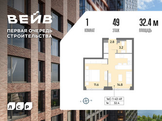 Планировка однокомнатной(квартира) площадью 32.9 квадратных метров в ЖК “ЖК Вейв”