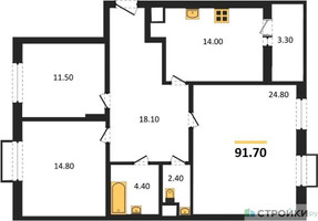 Планировка трехкомнатной(квартира) площадью 91.7 квадратных метров в “ЖК Римский”