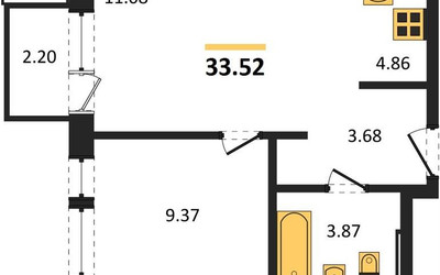 Планировка однокомнатной(квартира) площадью 33.52 квадратных метров в ЖК “ЖК Квартал Авиаторов”