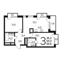 Планировка трехкомнатной(квартира) площадью 56.8 квадратных метров в “Новые Ватутинки. Заречный”