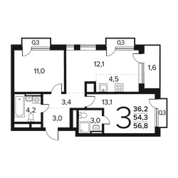 Планировка трехкомнатной(квартира) площадью 56.8 квадратных метров в ЖК “Новые Ватутинки. Заречный”