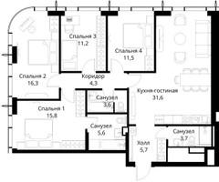 Планировка 4+ комнатной(квартира) площадью 109.3 квадратных метров в “ЖК Сити Бэй”