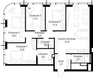 Планировка 4+ комнатной(квартира) площадью 109.3 квадратных метров в ЖК “ЖК Сити Бэй”