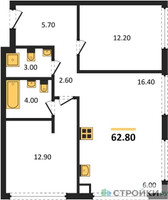 Планировка двухкомнатной(квартира) площадью 62.8 квадратных метров в “ЖК Мангазея в Богородском”