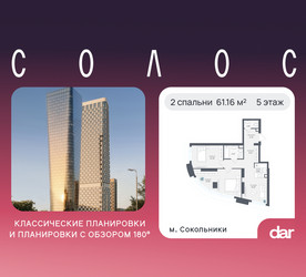 Планировка двухкомнатной(квартира) площадью 61.16 квадратных метров в ЖК “ЖК Солос”