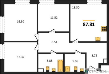 Планировка трехкомнатной(квартира) площадью 87.81 квадратных метров в ЖК “ЖК Sezar City (Сезар Сити)”