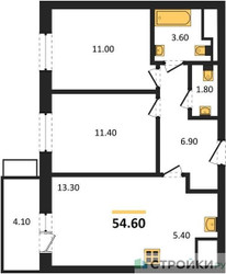 Планировка двухкомнатной(квартира) площадью 54.6 квадратных метров в ЖК “ЖК Союзный”