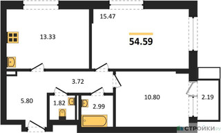 Планировка двухкомнатной(квартира) площадью 54.59 квадратных метров в “ЖК Новое Внуково”