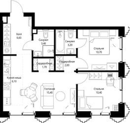 Планировка двухкомнатной(квартира) площадью 59.9 квадратных метров в ЖК “ЖК СЕТ”