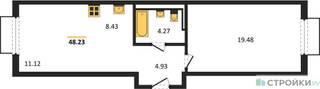 Планировка однокомнатной(квартира) площадью 48.23 квадратных метров в “ЖК Пригород Лесное”