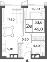 Планировка двухкомнатной(квартира) площадью 49 квадратных метров в “ЖК Will Towers (Вилл Тауэрс)”