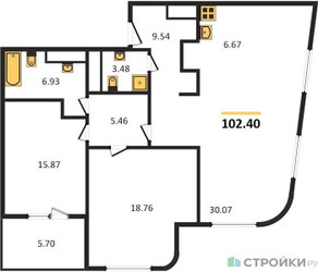 Планировка двухкомнатной(квартира) площадью 102.4 квадратных метров в ЖК “ЖК Врубеля 4”