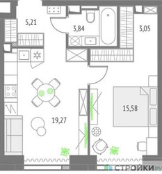 Планировка однокомнатной(квартира) площадью 46.95 квадратных метров в ЖК “ЖК Upside Towers (Апсайд Тауэрс)”
