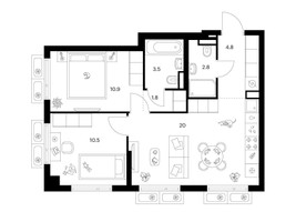 Планировка двухкомнатной(квартира) площадью 54.3 квадратных метров в “ЖК Саларьево парк”