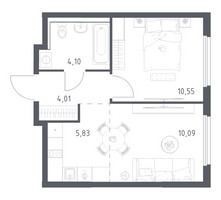 Планировка однокомнатной(квартира) площадью 34.58 квадратных метров в “ЖК Пригород Лесное”
