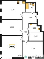 Планировка трехкомнатной(квартира) площадью 90.9 квадратных метров в “ЖК Переделкино Ближнее”