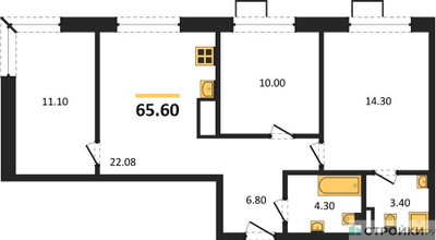 Планировка трехкомнатной(квартира) площадью 65.6 квадратных метров в ЖК “ЖК Foreville (Форевилль)”