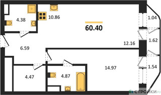 Планировка однокомнатной(квартира) площадью 60.4 квадратных метров в “Квартал Foriver”
