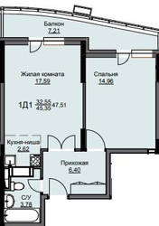 Планировка однокомнатной(квартира) площадью 47.9 квадратных метров в ЖК “ЖК Соболевка”