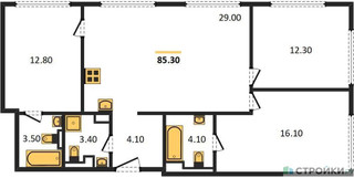 Планировка трехкомнатной(квартира) площадью 86 квадратных метров в “ЖК Вейв”
