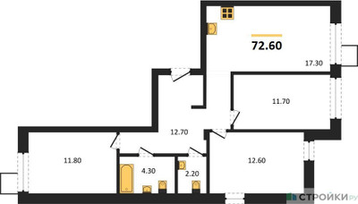 Планировка трехкомнатной(квартира) площадью 72.6 квадратных метров в ЖК “ЖК Никольский квартал Отрада”