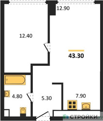 Планировка однокомнатной(квартира) площадью 42.8 квадратных метров в ЖК “ЖК River Park Кутузовский (Ривер Парк Тауэрс)”
