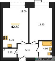 Планировка однокомнатной(квартира) площадью 42.5 квадратных метров в “ЖК Skolkovo ONE (Сколково Уан)”