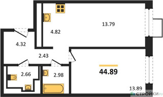 Планировка однокомнатной(квартира) площадью 44.89 квадратных метров в “ЖК Алхимово”