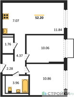 Планировка двухкомнатной(квартира) площадью 52.2 квадратных метров в “ЖК Пригород Лесное”