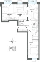 Планировка трехкомнатной(квартира) площадью 77 квадратных метров в “ЖК КИНОКВАРТАЛ”