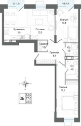 Планировка трехкомнатной(квартира) площадью 77 квадратных метров в ЖК “ЖК КИНОКВАРТАЛ”