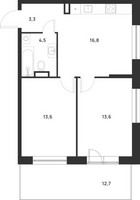 Планировка двухкомнатной(квартира) площадью 55.6 квадратных метров в “ЖК Форевиль”