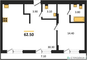 Планировка однокомнатной(квартира) площадью 62.5 квадратных метров в “ЖК Первый квартал”