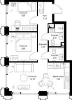 Планировка двухкомнатной(квартира) площадью 52 квадратных метров в “ЖК СЕТ”