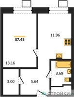 Планировка однокомнатной(квартира) площадью 37.45 квадратных метров в “ЖК Апарт-отель Тропарево парк”