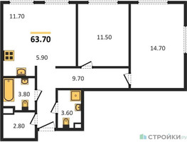 Планировка двухкомнатной(квартира) площадью 63.7 квадратных метров в “Жилые кварталы Белый Град”