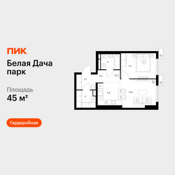 Планировка однокомнатной(квартира) площадью 45 квадратных метров в ЖК “ЖК Белая Дача парк”