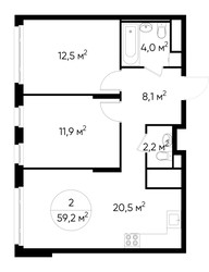 Планировка двухкомнатной(квартира) площадью 59.2 квадратных метров в ЖК “ЖК Переделкино Ближнее”
