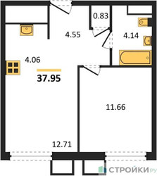 Планировка однокомнатной(квартира) площадью 37.95 квадратных метров в ЖК “ЖК Квартал Румянцево (МелиСад)”