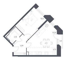 Планировка однокомнатной(апартаменты) площадью 51.41 квадратных метров в ЖК “ЖК Скай Спутник”