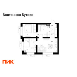 Планировка двухкомнатной(квартира) площадью 46.3 квадратных метров в ЖК “ЖК Восточное Бутово”