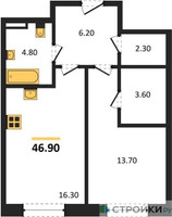 Планировка однокомнатной(квартира) площадью 46.9 квадратных метров в “ЖК STONE Sokolniki (Сокольники)”