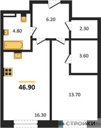 Планировка однокомнатной(квартира) площадью 46.9 квадратных метров в ЖК “ЖК STONE Sokolniki (Сокольники)”