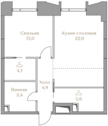 Планировка однокомнатной(квартира) площадью 55 квадратных метров в ЖК “ЖК Коллекция Лужники”